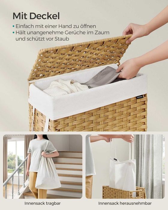 Coş pentru rufe Songmics, 55 L, ratan, capac & manere
