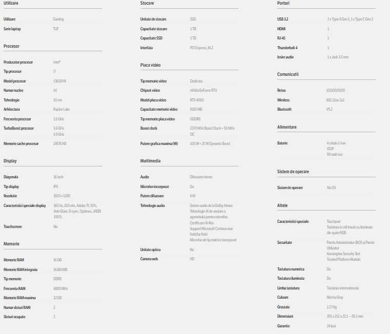 Laptop ASUS TUF F16, Intel Core i7, 16", 16GB, 1TB SSD, NVIDIA GeForce