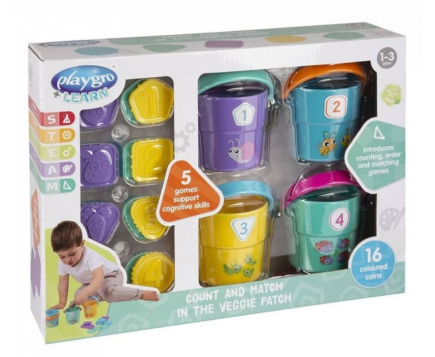Активна играчка за броене и сортиране Playgro - Кофички с жетони 12М+