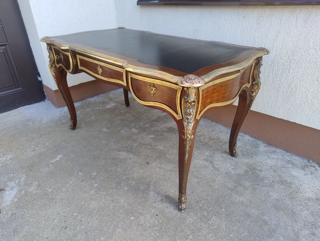 Birou central vechi stil Louis XV din lemn masiv cu blat din piele