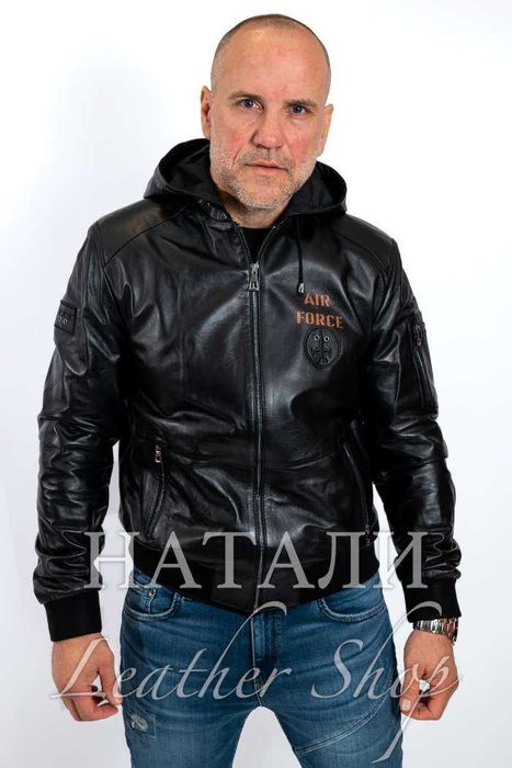 Кожен бомбър Александър с качулка