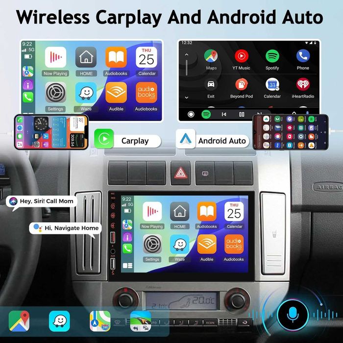Двудиново автомобилно радио с безжичен Carplay и Android Auto, 7 инча
