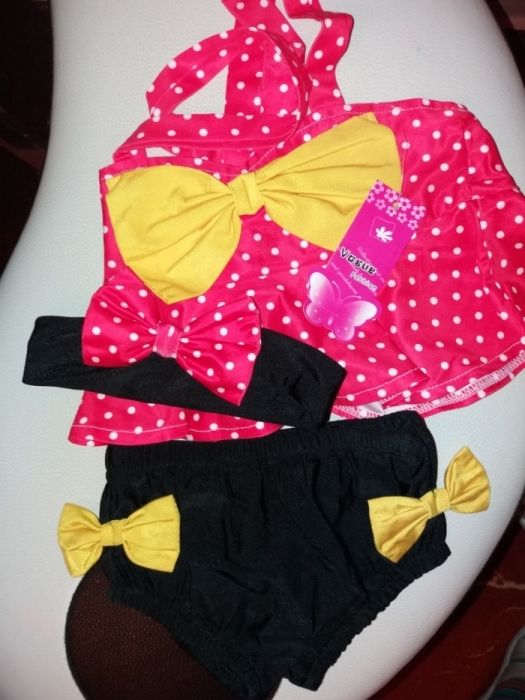 Costum de baie fetita model rochiță cu buline +bentita+slip