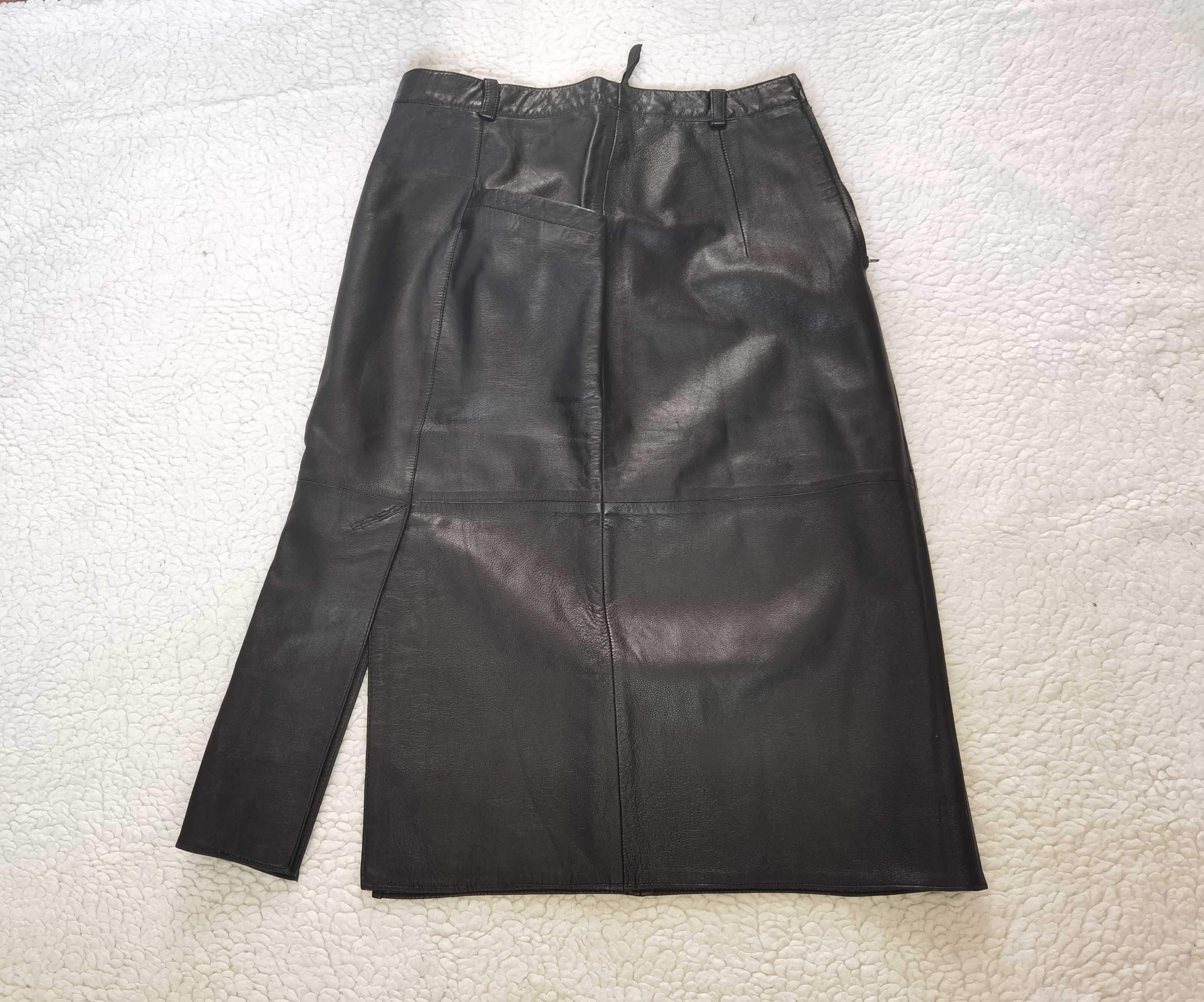 Fusta piele naturala neagra fina 2 buzunare crapaturi fata vintage