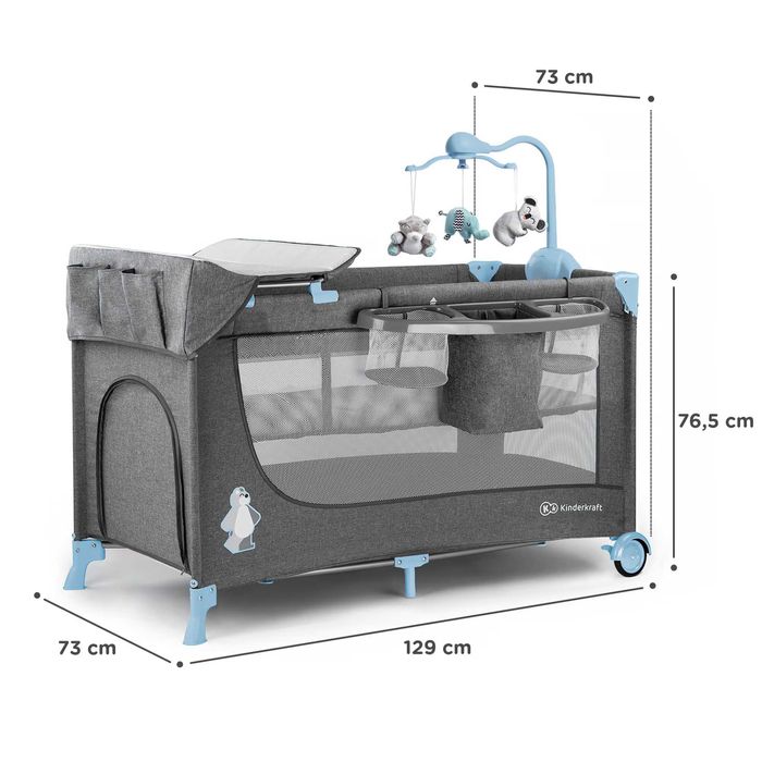 Patut pliant Kinderkraft Joy, 2 nivele si accesorii, Gri/Albastru