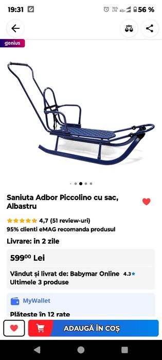 Sanie metalica cu spatar, maner si sac imblanit, stare f buna, 270 le