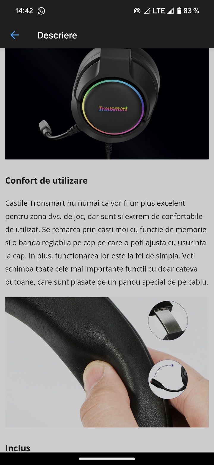 Căști GAMING Tronsmart Sparkle 7.1,  sunet excepțional