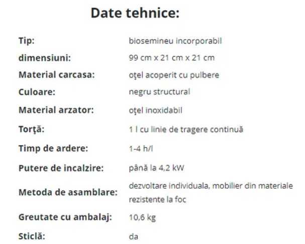 Semineu / Arzator Insert 1000, Sticla,Bioetanol, 99 cm x 21 cm x 21 cm