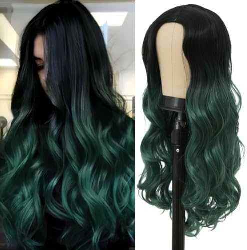 Нова Естествено изглеждаща дълга вълниста перука в черно и зелено коса