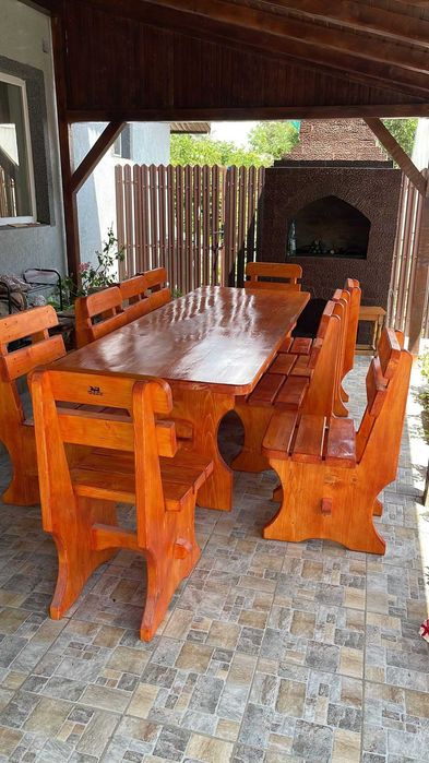 Masa cu scaune si banci din lemn pentru gradina, terasa, foisor