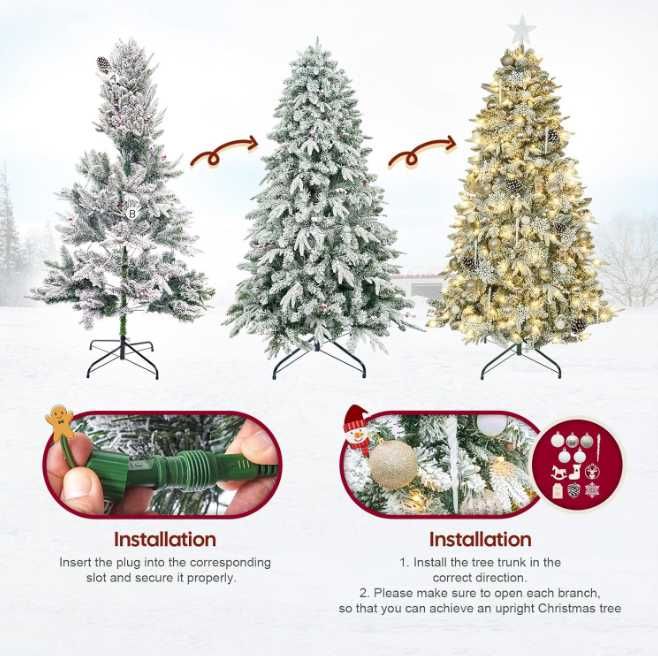 Brad DEWUR 210 cm, cu instalație, conuri, zăpadă și globuri aurii