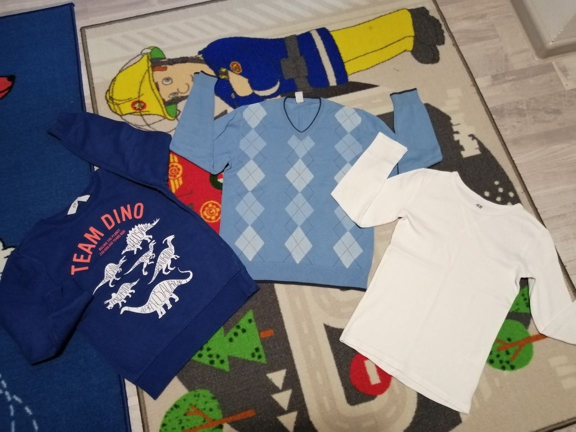 Set pulover Zara școală, bluza molton H&M și bluză corp alba 122-128cm