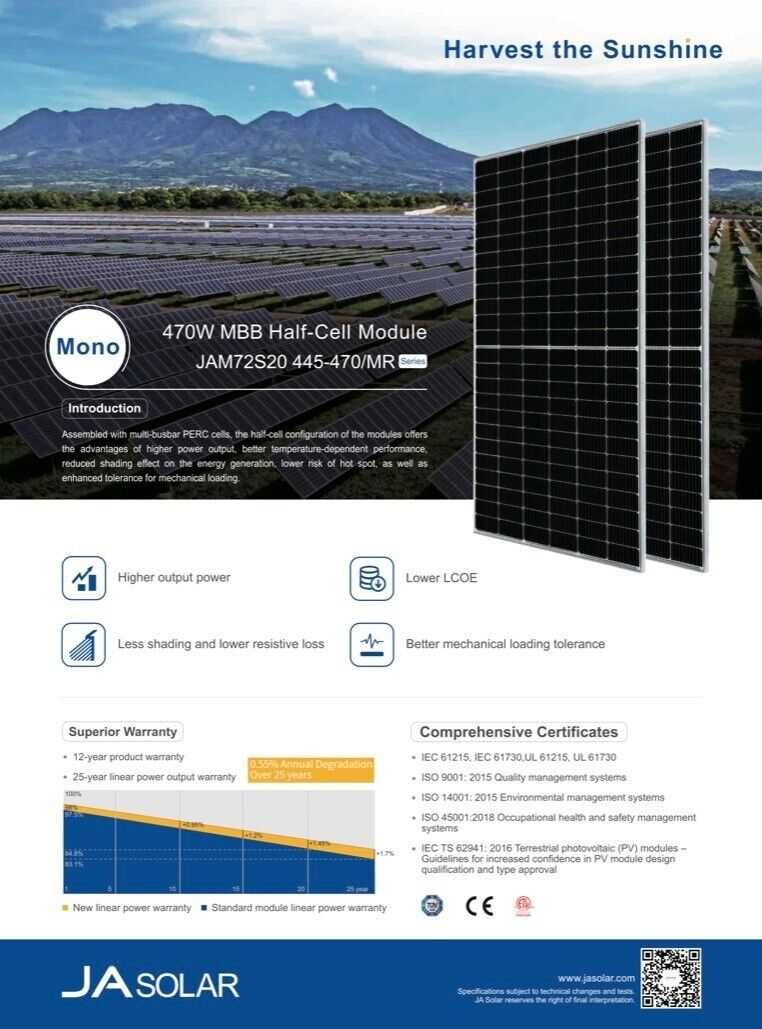 Panou solar fotovoltaic JA SOLAR 460W JAM72S20-460-144celule