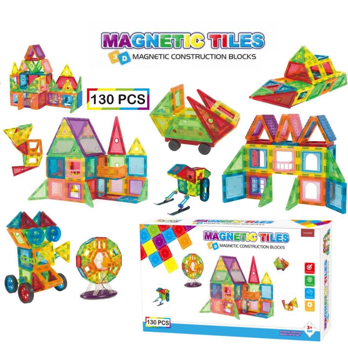 Set de Constructie Magnetic Tiles 3D, 130 PIESE creative si Dezvoltare