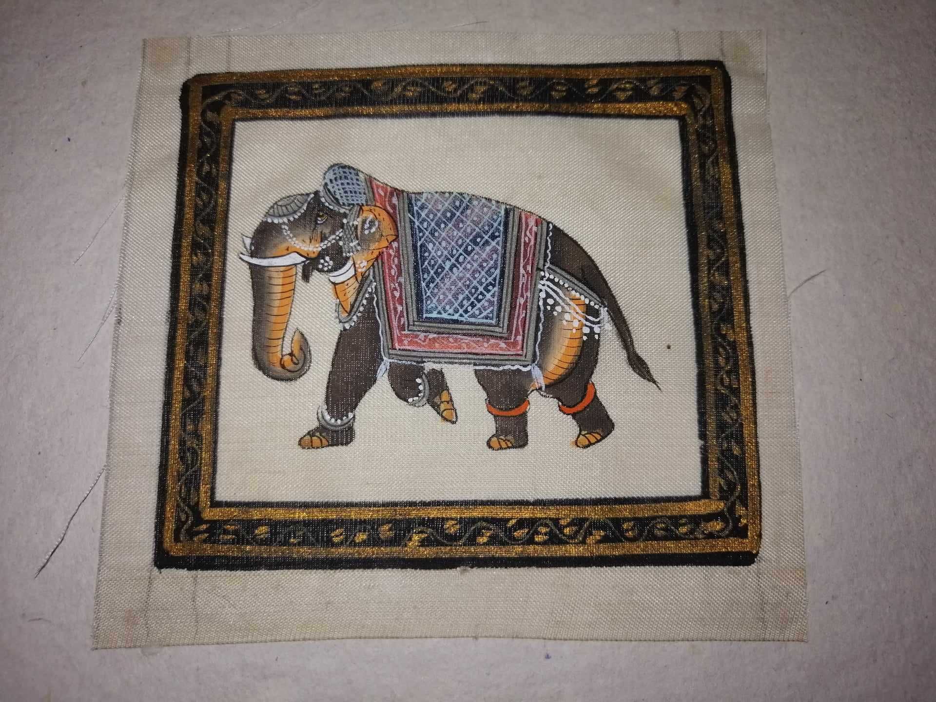 3x Tablou pictura in miniatura elefant India pictat manual pe matase