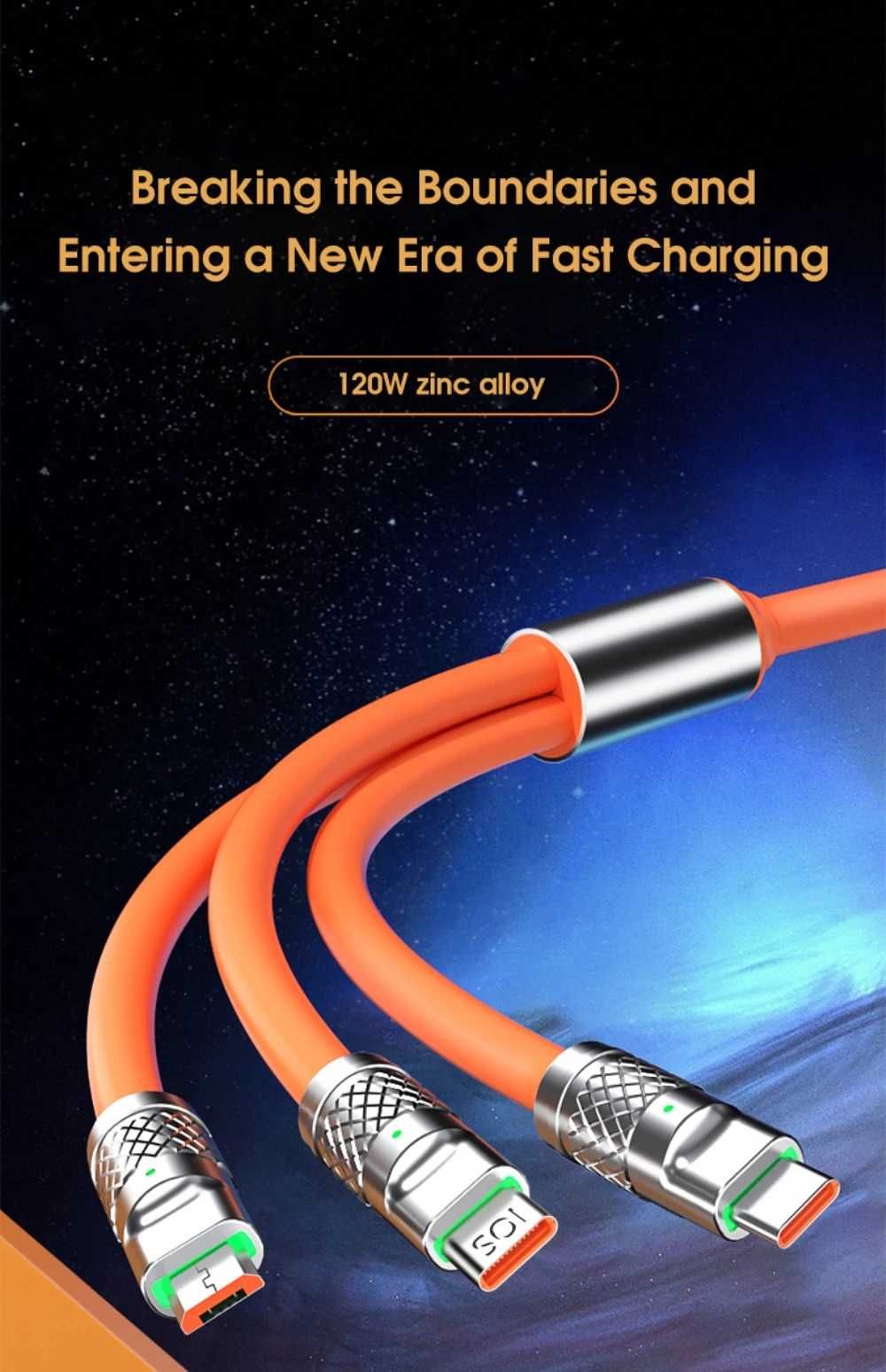 Cablu incarcare rapida 120W cu 3 capete / portocaliu