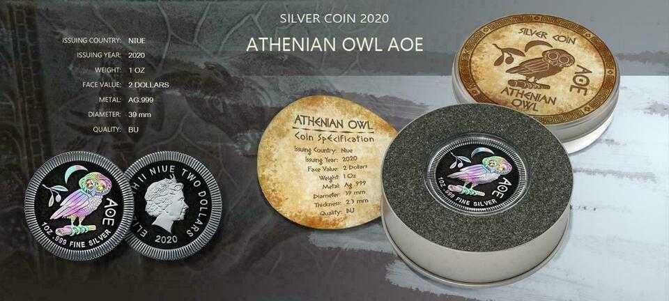 $2 Niue2020 Атинска сова 1 Oz Ruthenium'n'Holo+Swarovski