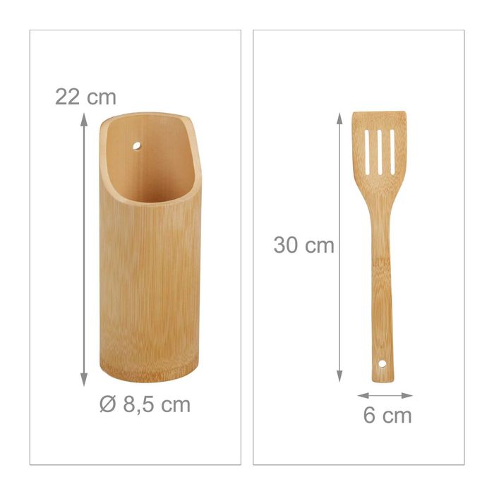 Set 5 ustensile bucatarie cu suport 2 lingiuri 2 spatule cleste bambus