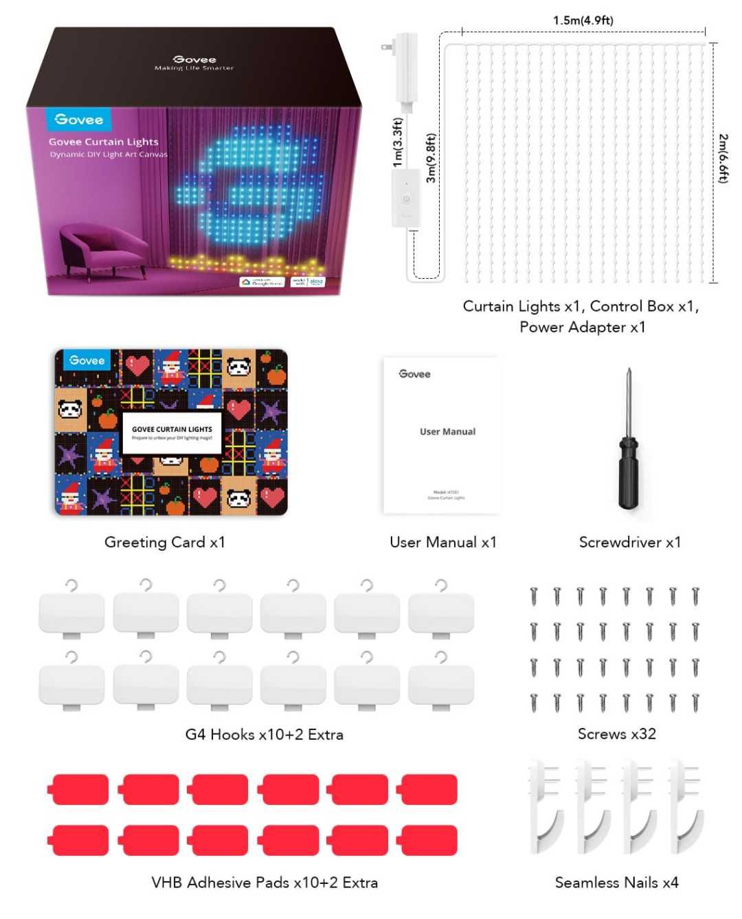 Govee Завесни лампи LED стенни DIY динамични 1.5м.x2м. 520 RGBIC LED