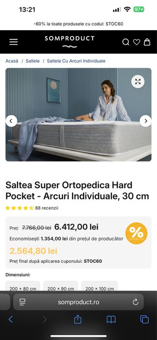 Saltea Super Ortopedica Hard Pocket - Arcuri Individuale, 30 cm180x200