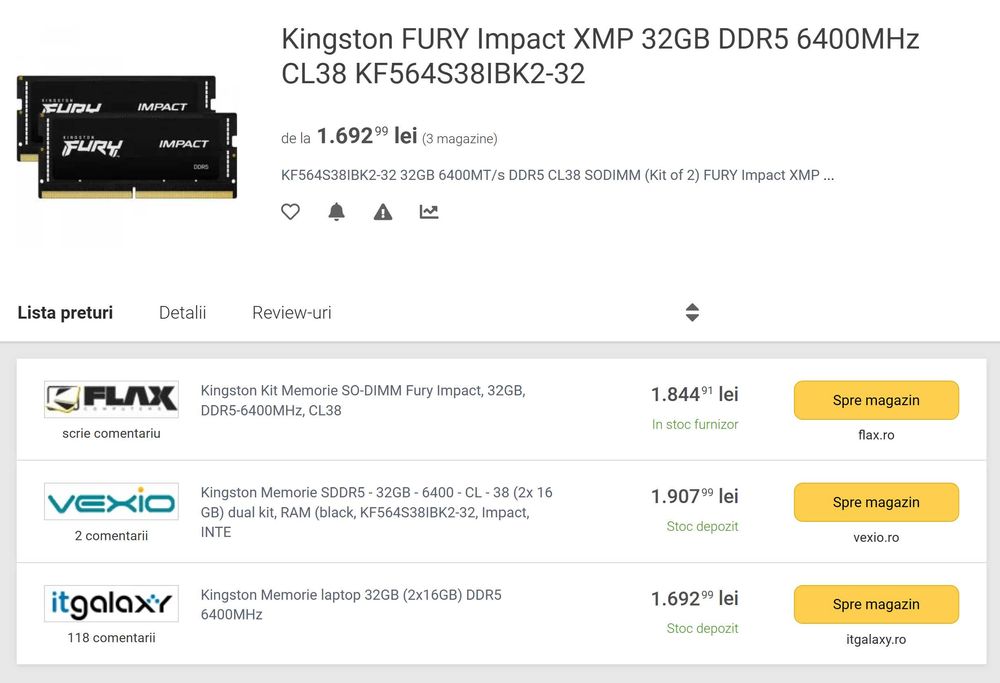 Memorii laptop 32 gb ddr5 6400 kingston fury impact