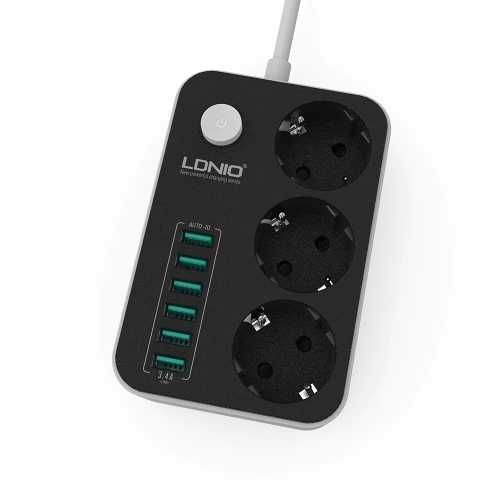 Разклонител 3 гнезда и 6 USB с ключ LDNIO SE3631 - 1.6м 2500W SS000142