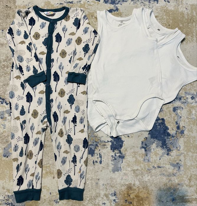 Overall Joha lână si bambus, 90 cm + 3 maiouri body cadou, H&M, 92