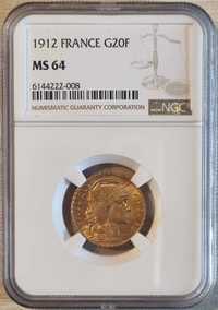 Moneda aur 20 franci francezi 1912, gradata NGC MS 64.