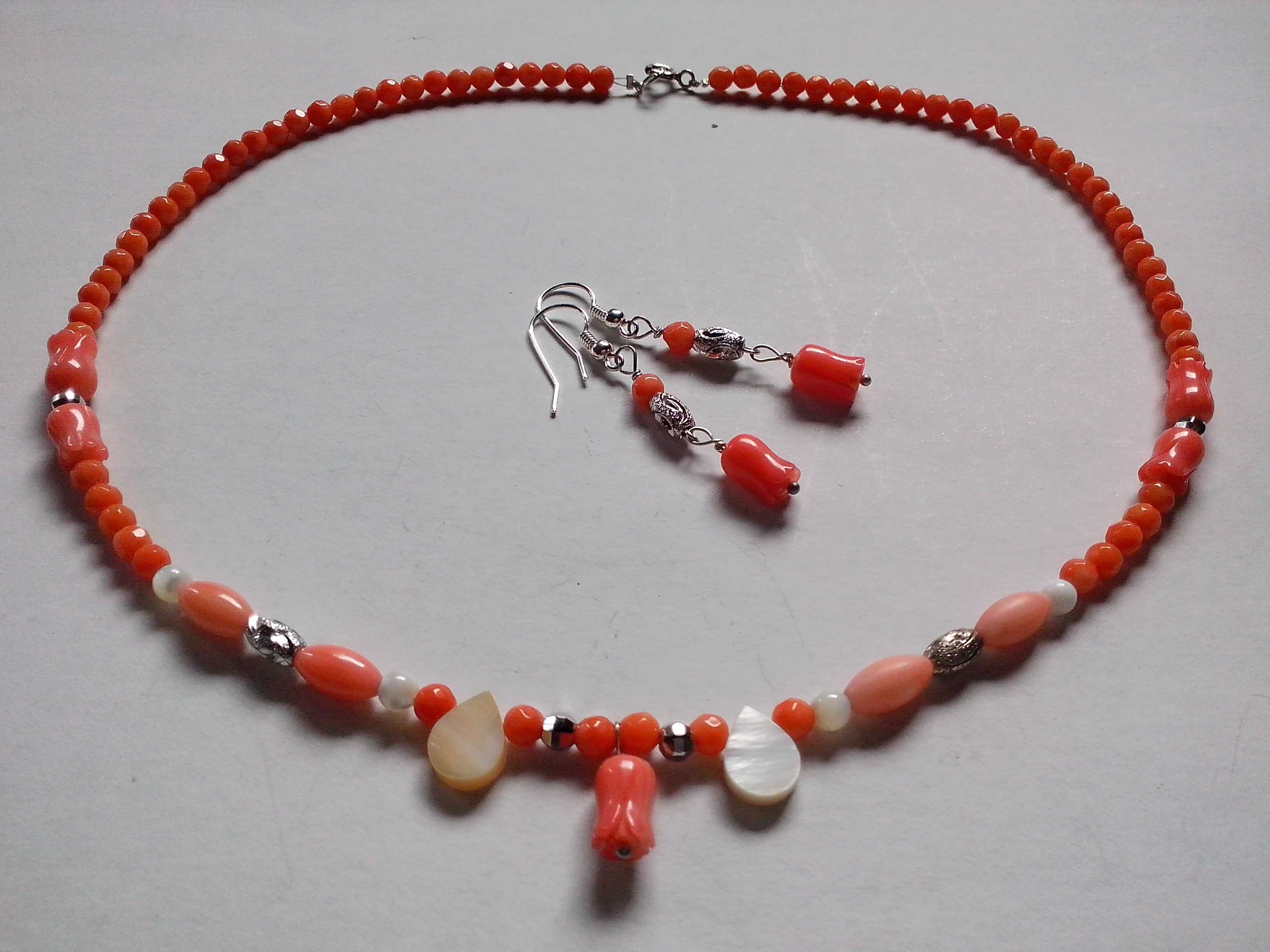 set argint,coral si sidef natural,colier si cercei,fin,delicat