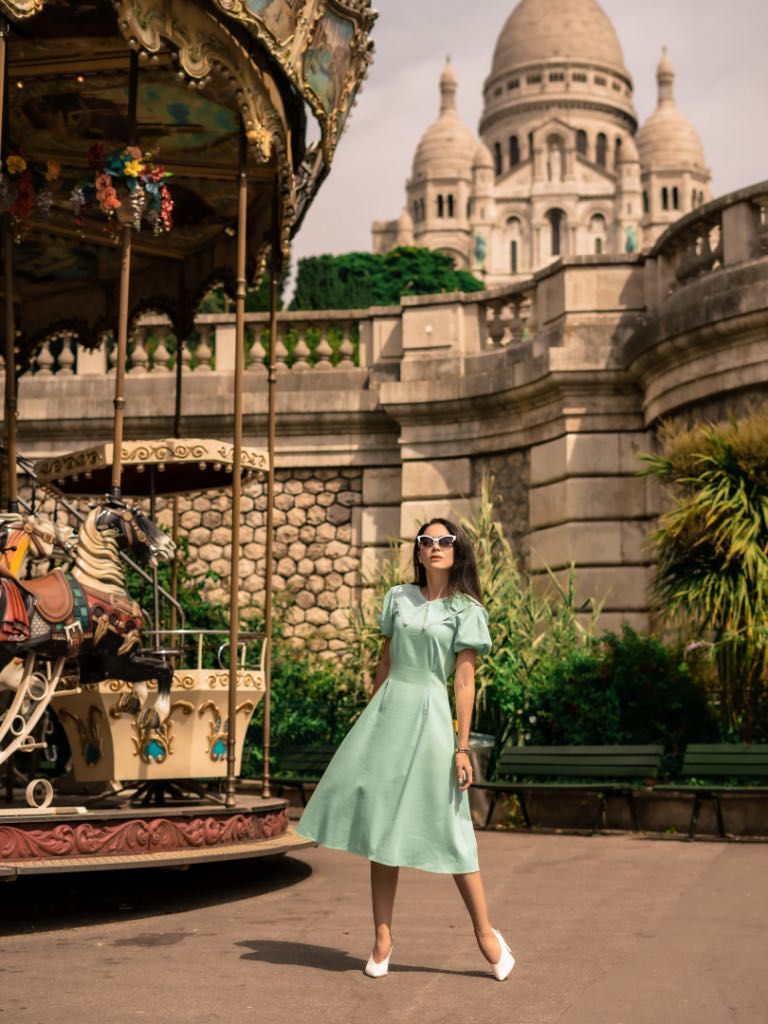 Rochie din in midi de vară culoare verde mentă cu guler peter pan