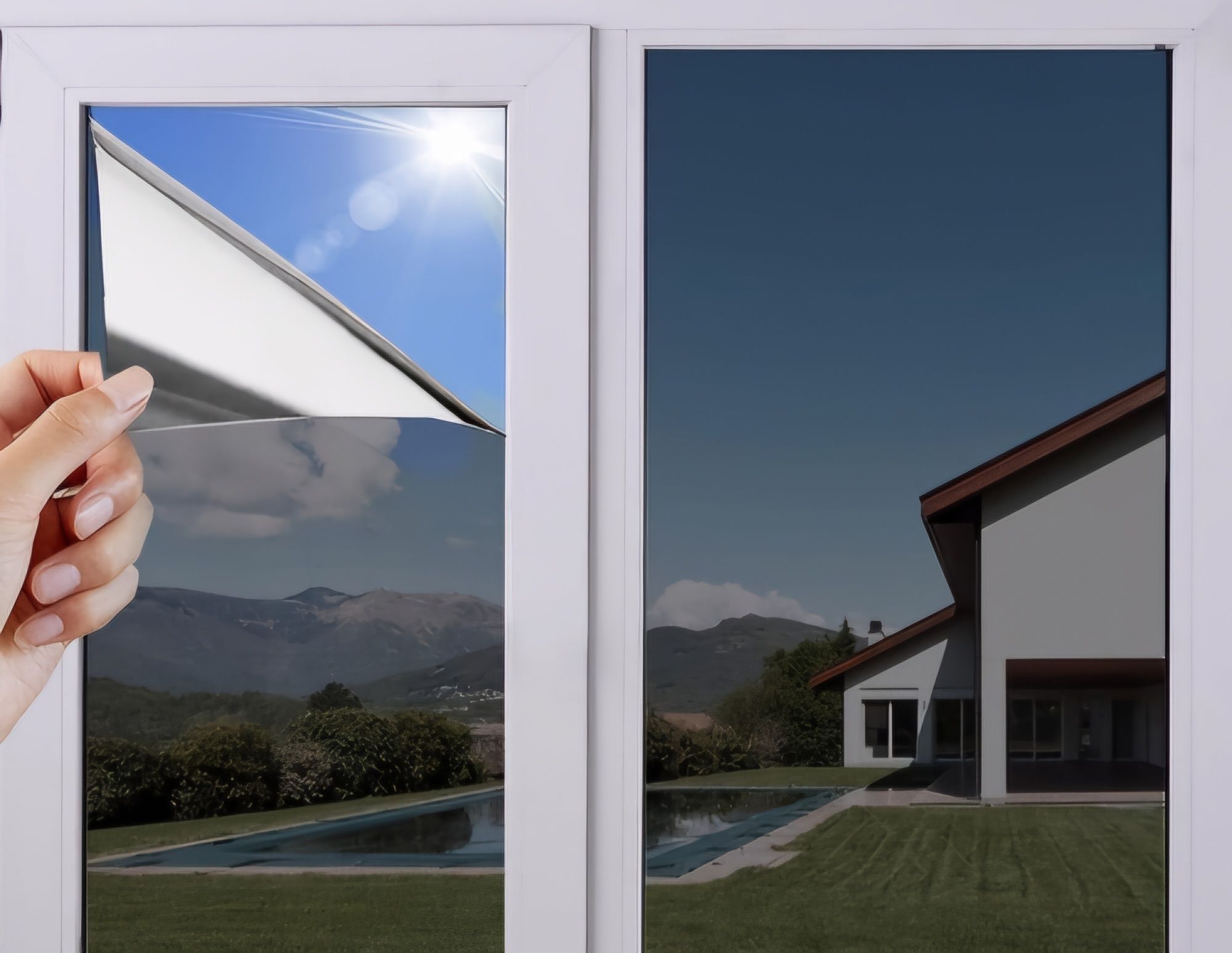 Classic PET Mirror Window Film, Peel and Stick Privacy Screen with Sun
