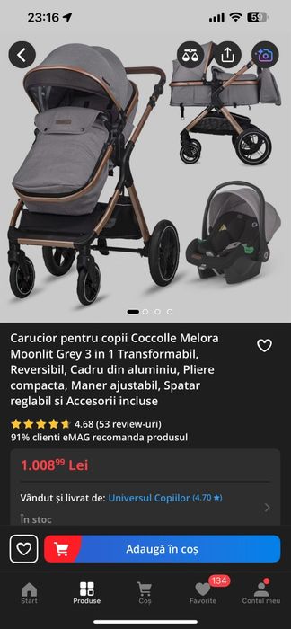 Cărucior 3 în 1 Coccolle Melora – Moonlit Grey