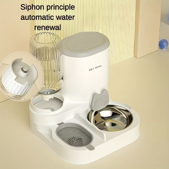 НОВА!!Автоматична бяла/сива хранилка и диспенсър за вода за куче/котка