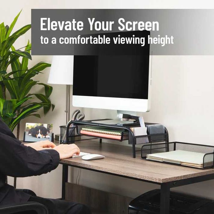 Stand monitor plasa metalica cu sertar si rafturi laterale ergonomic