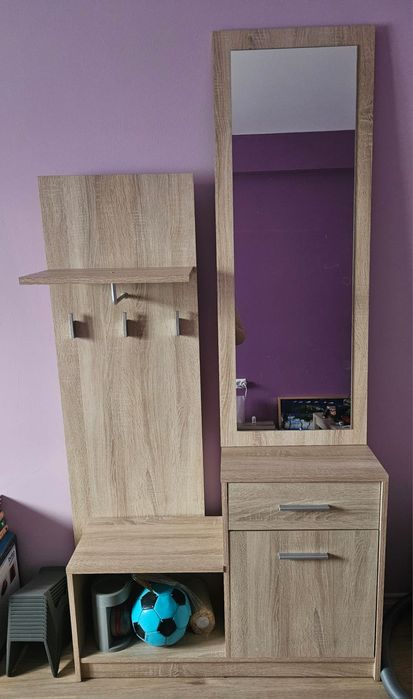 Cuier din lemn de pal pt hol, cu oglindă, pantofar, sertare, agățători