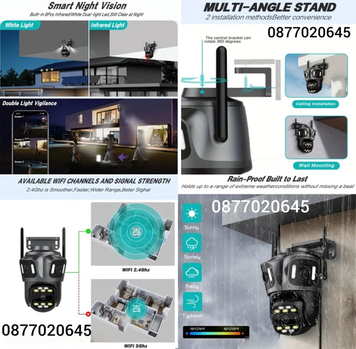 9MP ТРОЙНА Широкоъгълна водо/прахо устойчива Wifi камера ICSEE