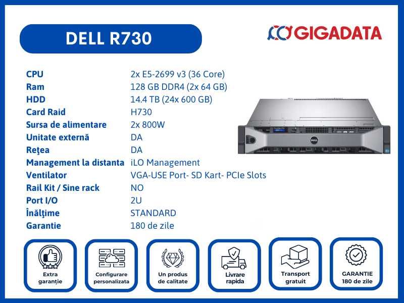 Dell R730 2x E5-2699 v3 128GB H730 14.4TB 2x PS 6 Luni Garantie