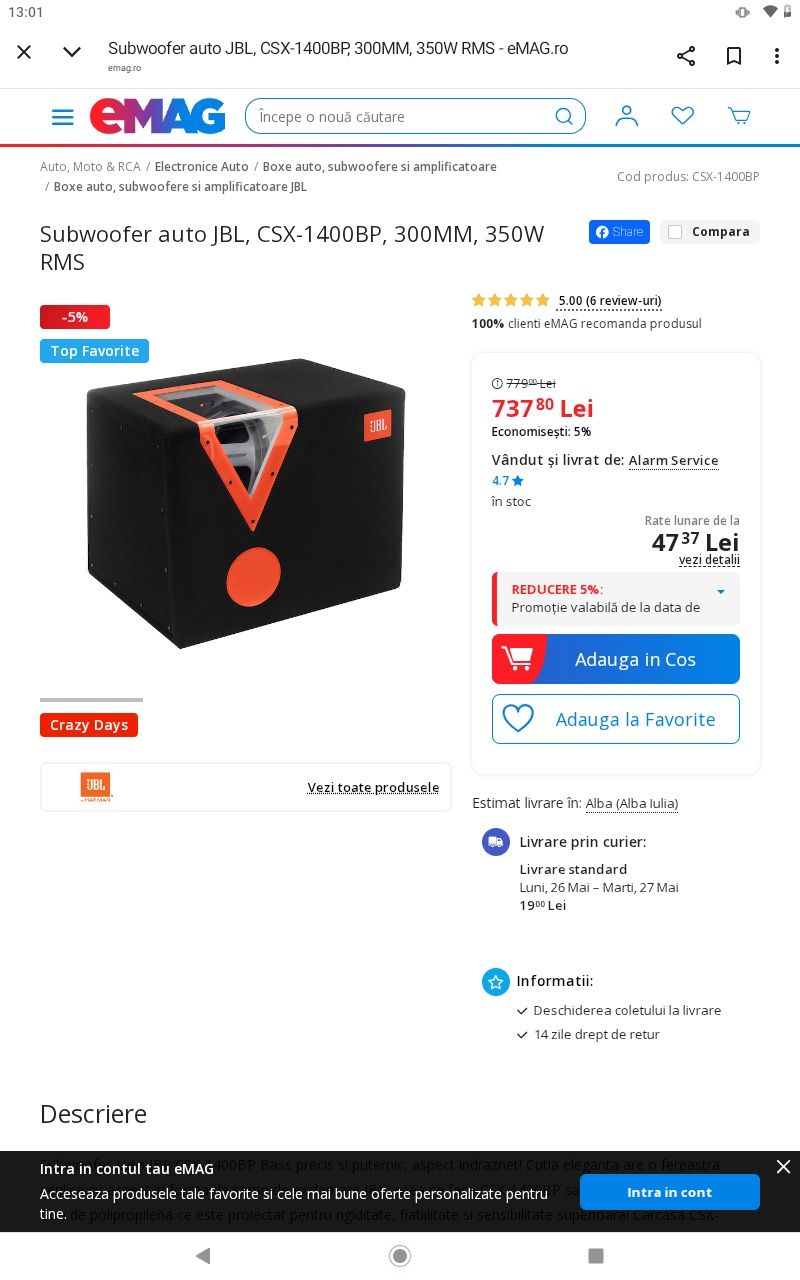 Vând subuffar auto jbl 1400w
