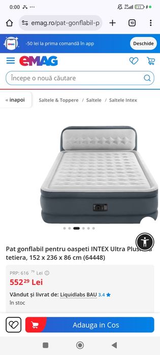 Pat gonflabil Plush king size cu tetiera si pompa electrica inclusa