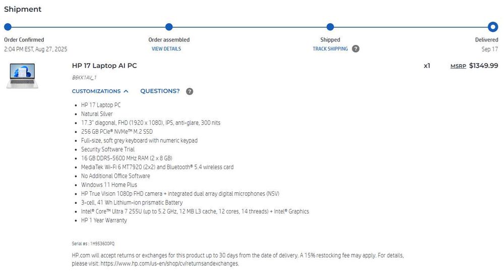 Лаптоп HP 17 Laptop AI PC - НОВ, с процесор Intel Ultra 7 255U