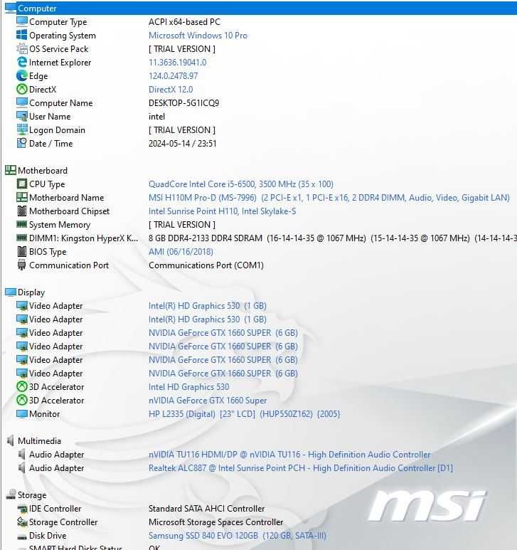 Kit PC intel i5 6500 3.6GHz| Placa msi H110M Pro-D| 16GBDDR4| SSD128GB