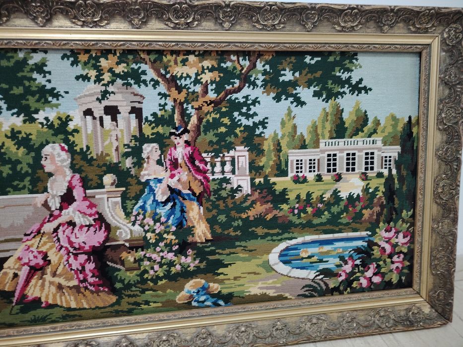 Goblen superb de dimensiuni mari,scena galanta încadrată într-o ra
