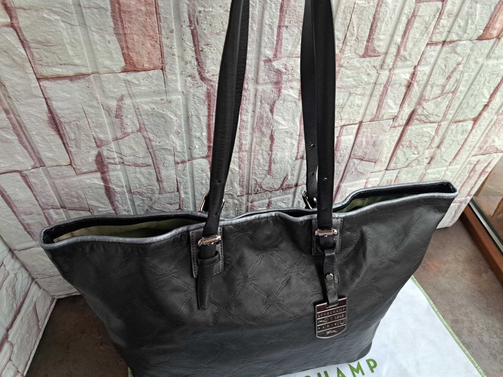 дамска черна чанта,кожена  голяма Longchamp-естествена кожа