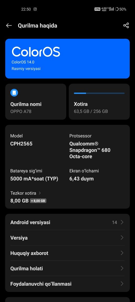 Nomi: Oppo a78 4G
Xotira:256gb
Operativ xotira: 8gb+8gb
Android versiy