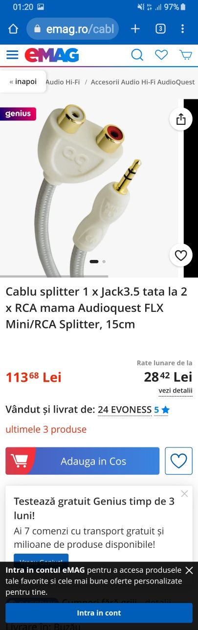 Cablu splitter 1 x Jack3.5 tata la 2 x RCA mama Audioquest FLX Mini/RC