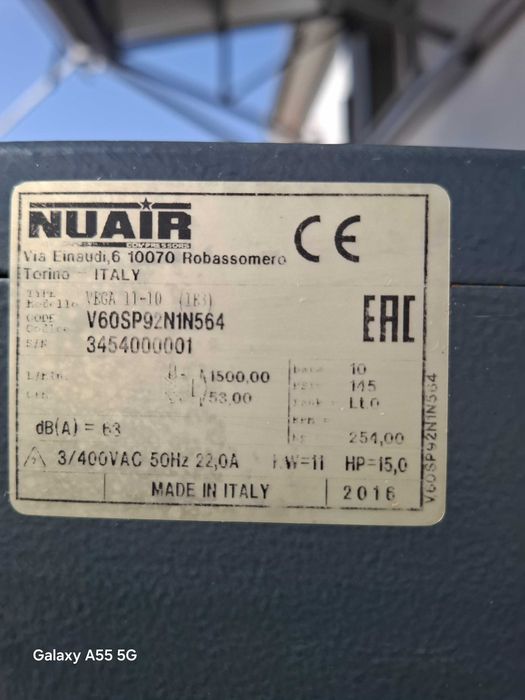 Compresor cu Surub Nuair Italian de 11 kw, 10 bar,AN 2016. 0RE 9970