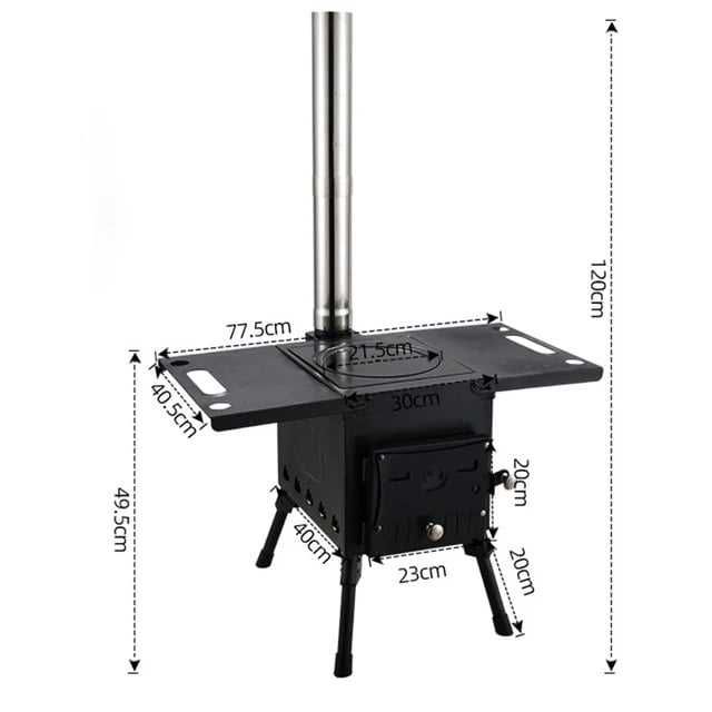 Încălzitor cu plită pe lemne din oțel – sobă camping cu burlan de cort