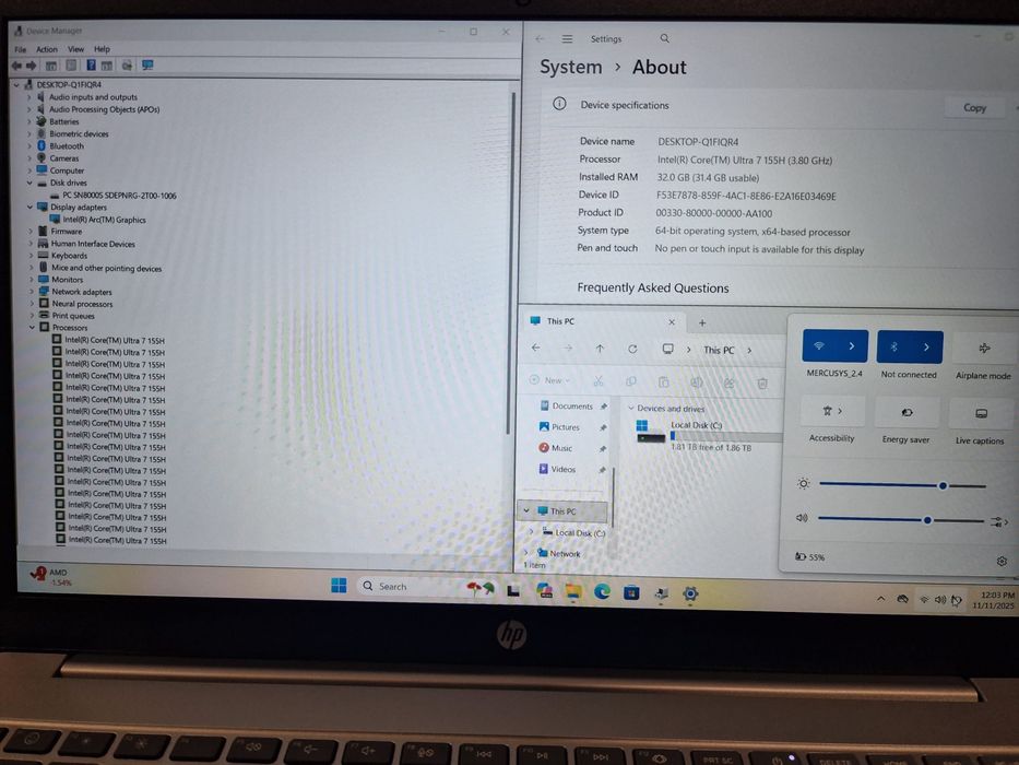 Laptop HP 15, model 15-fd, Intel Core Ultra 7 155H, 32GB RAM, SSD 2TB