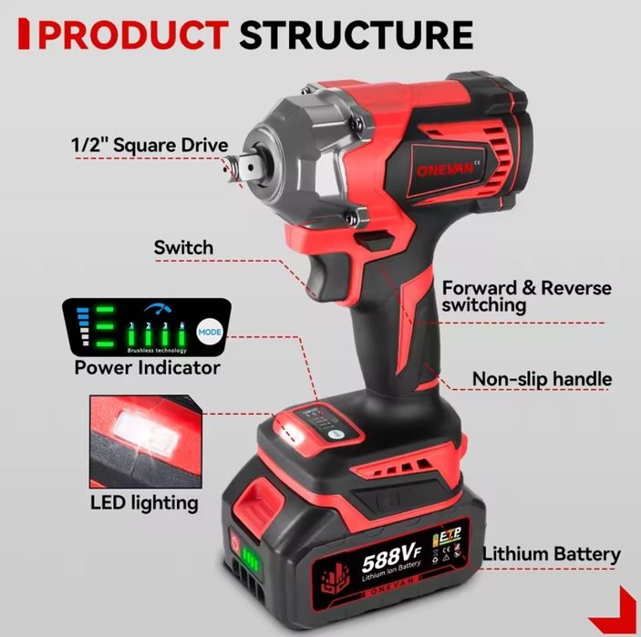 Pistolul de impact schimbat roti 1200 N.m. cu baterie