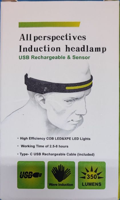 Lanternă frontală LED 350LM USB-C, senzor mișcare, 5 moduri lumină